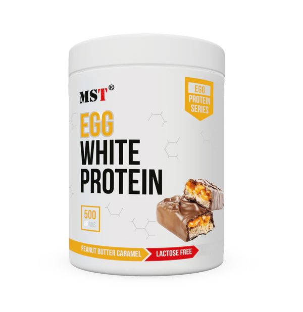 Weißer Behälter mit Aufschrift "EGG WHITE PROTEIN". Enthält Riegel. "Lactose Free" und "Peanut Butter Caramel" sind angegeben.