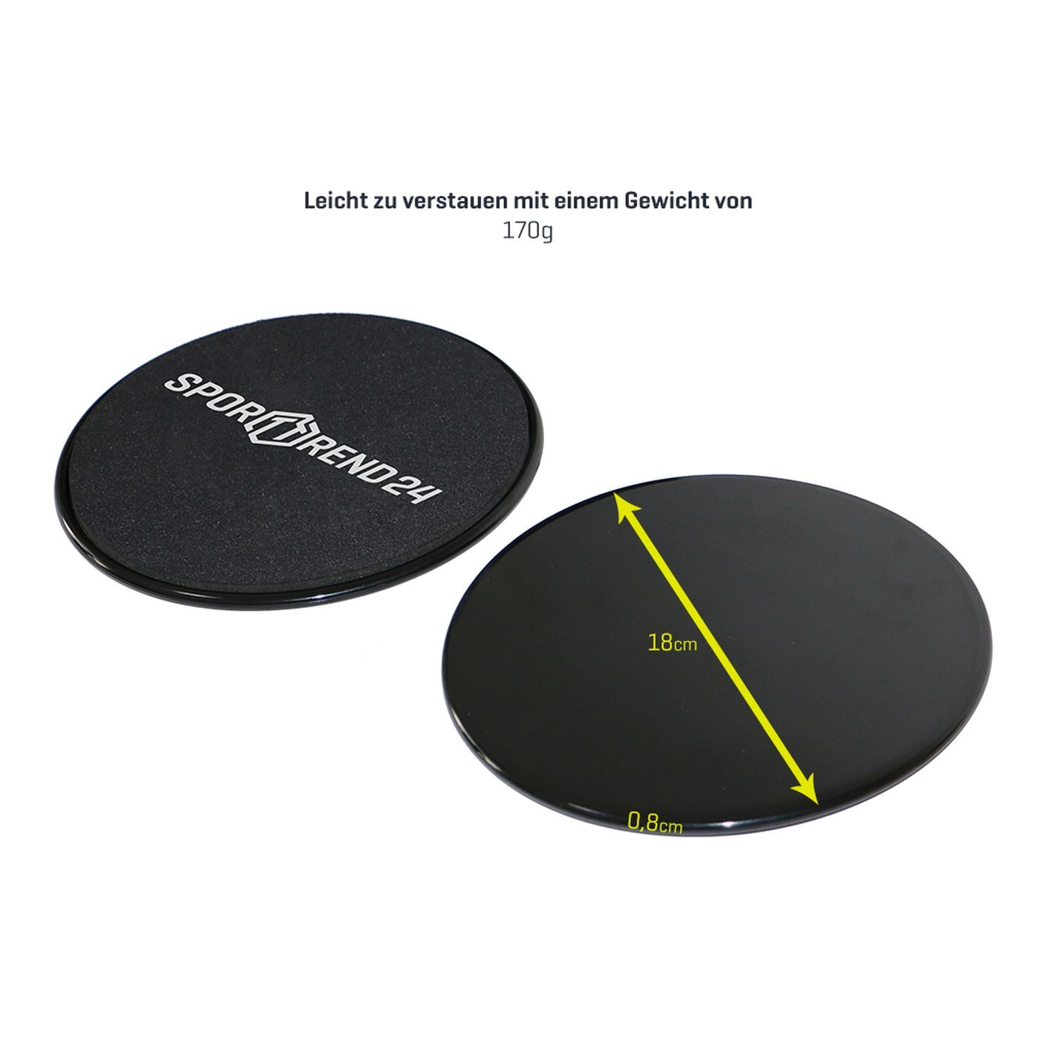 Zwei schwarze Sporttrend24 Slide Pads. Runde Form, eine Seite mit Logo, andere glatt. Abmessungen: 18cm Durchmesser, 0,8cm hoch.