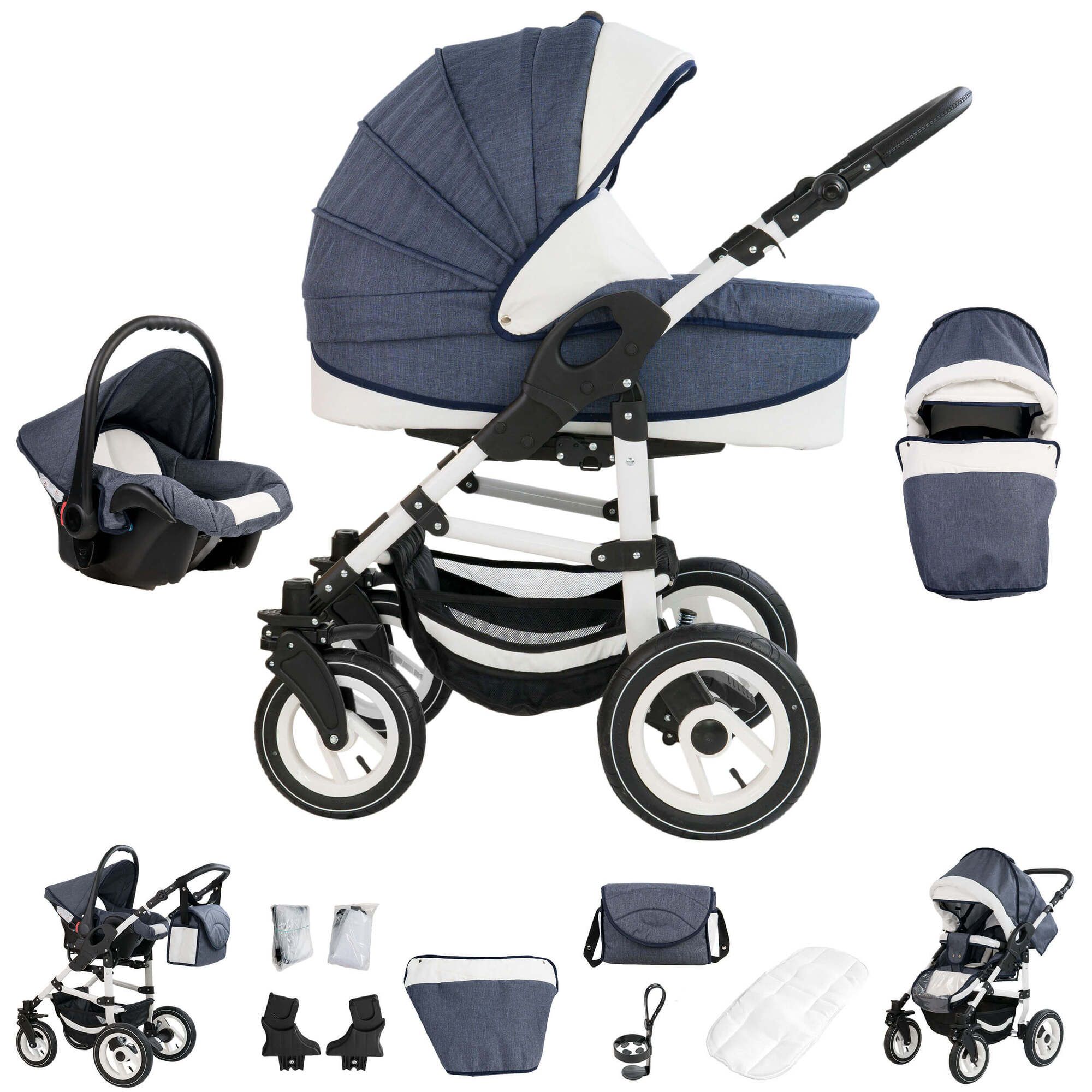 Bebebi Florenz Luftreifen Weiß 3 in 1 Kinderwagen, Neptun Blue White