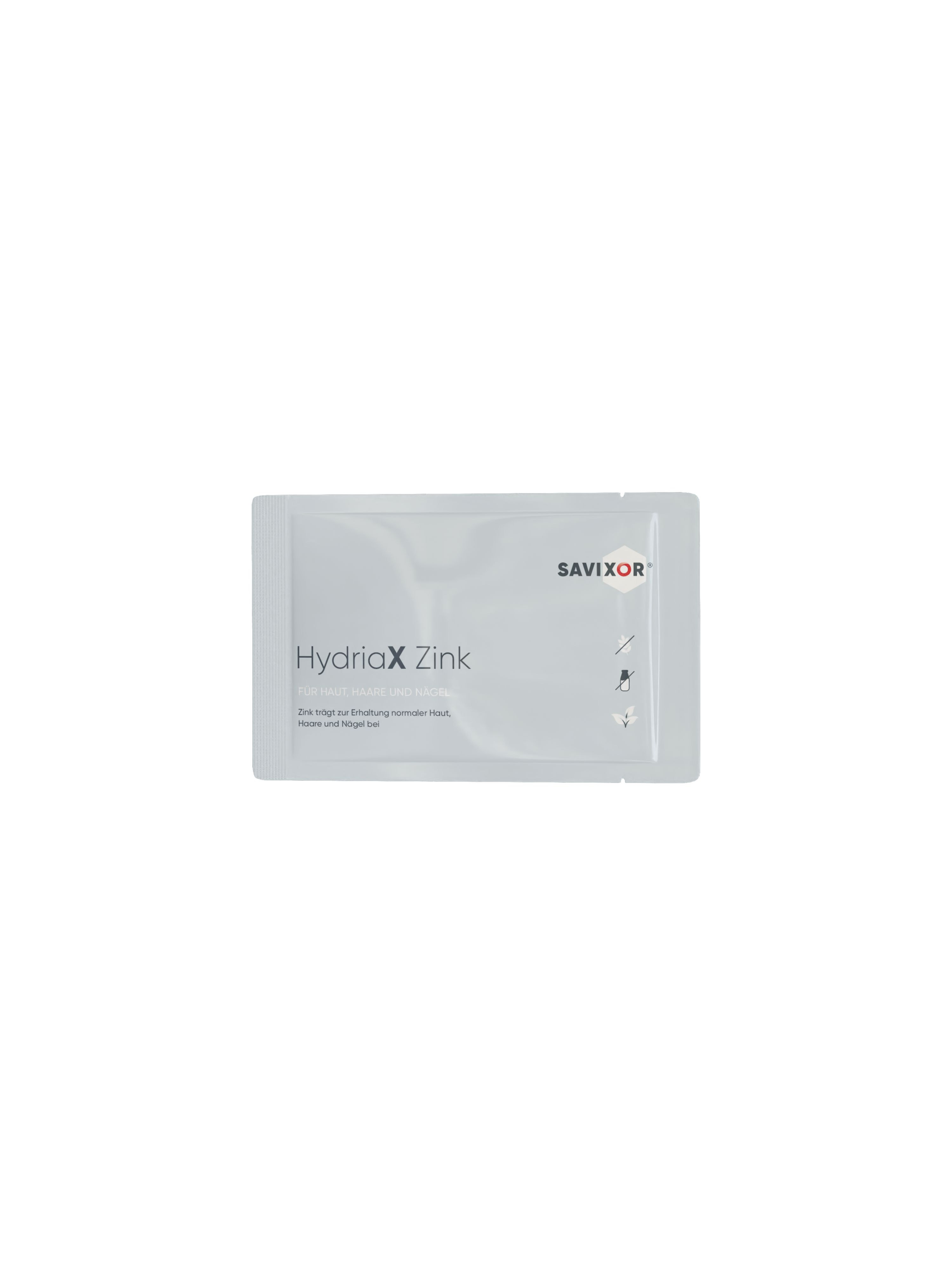 Savixor HydriaX Zink Sachet. Einzelne, rechteckige, silberfarbene Sachet mit Produktnamen und Logo.