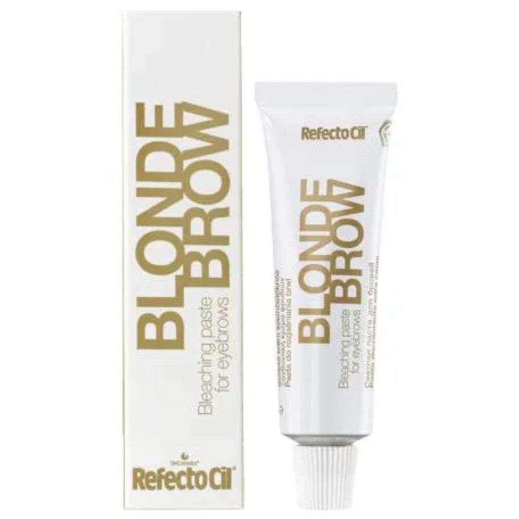 Tube und Schachtel mit Blondierpaste für Augenbrauen. Produktname und Schriftzug in Gold. Weißer Hintergrund.