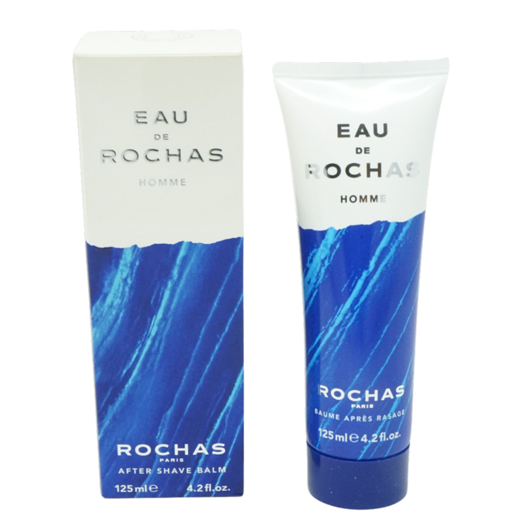 After Shave Balm und Verpackung. Weiß-blaue Tube und Schachtel mit Produktnamen und Logo. Text: After Shave Balm, 125ml.
