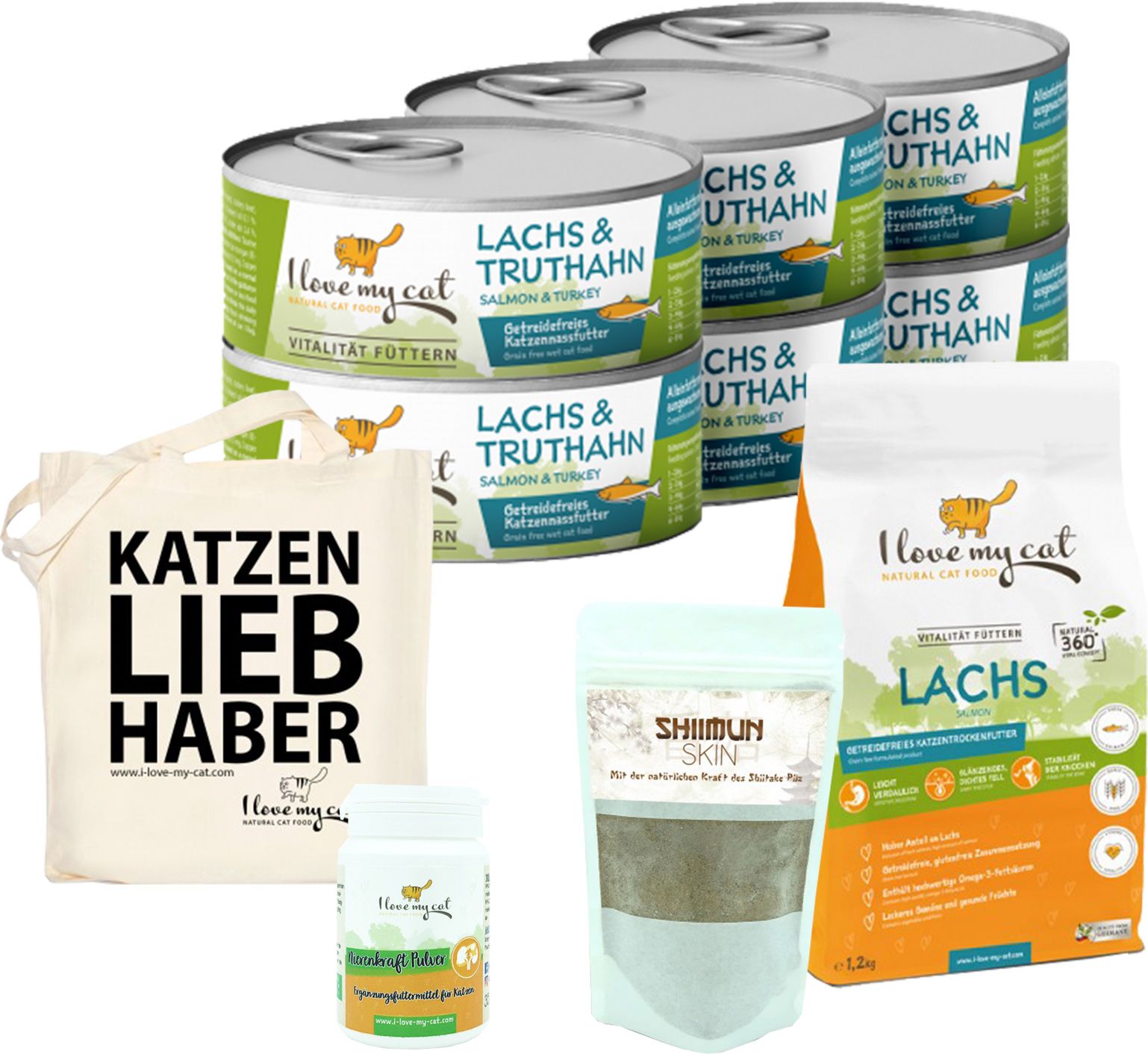 I love my cat Sparset für Somali-Katze Nassfutter und Trockenfutter mit Lachs und Truthahn NEM