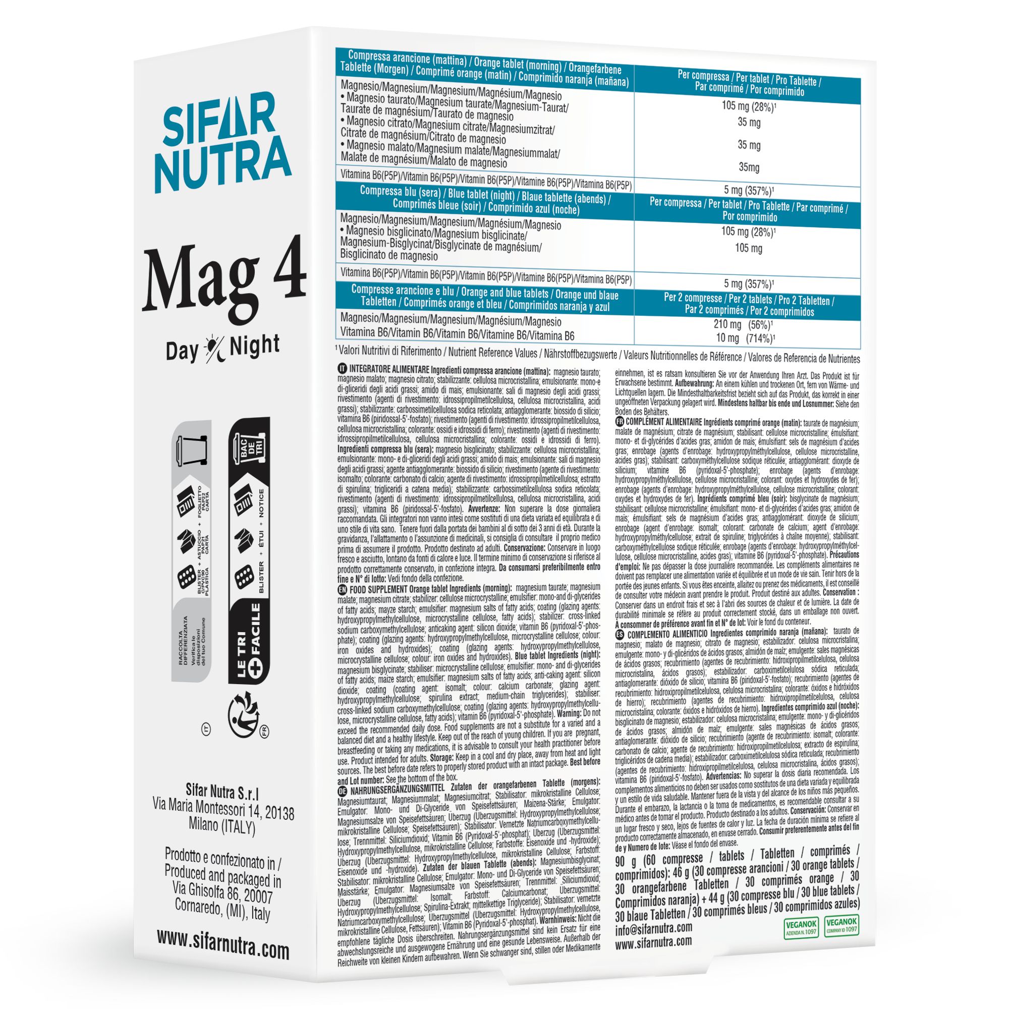 Sifar Nutra Mag 4 Packung. Rückseite mit Inhaltsstoffen und Informationen. Tabletten.