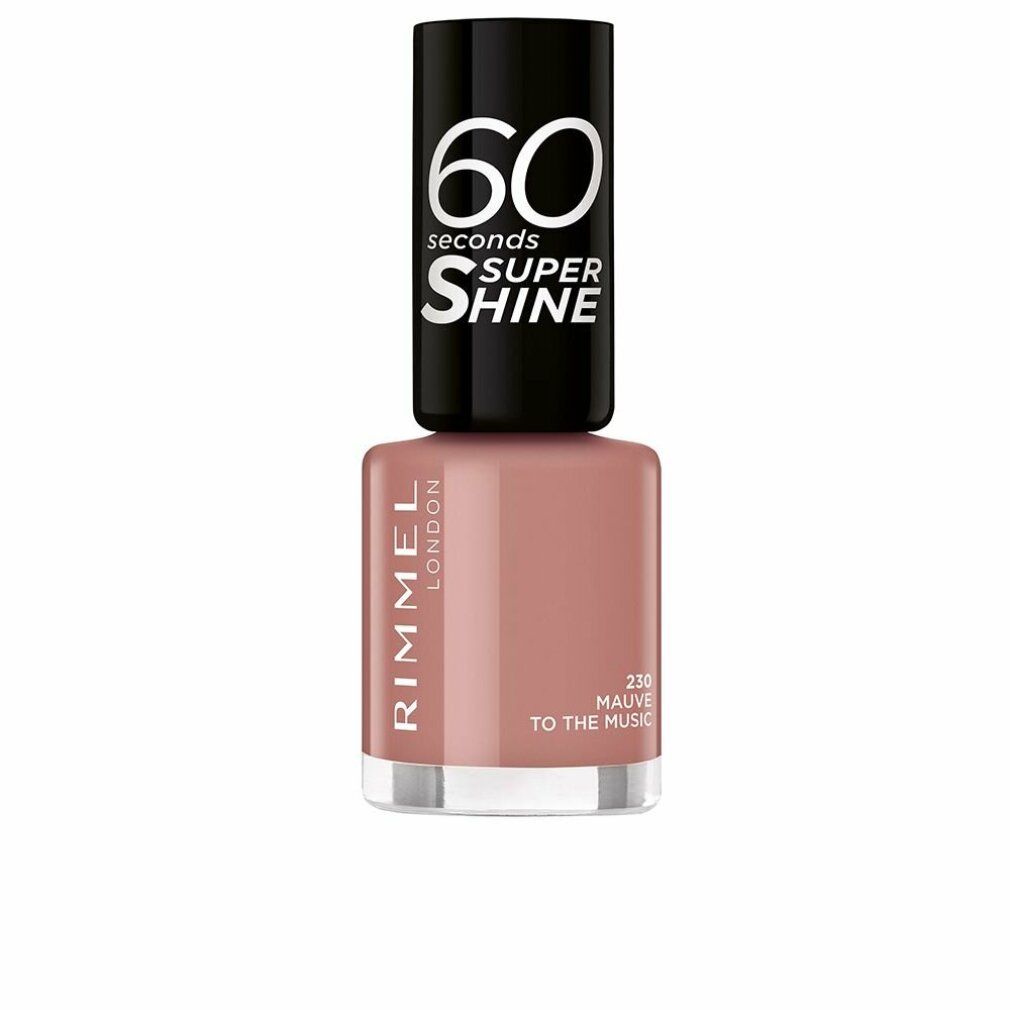Nagellackflasche mit schwarzem Deckel. Aufschrift: 60 Seconds Super Shine. Farbe: Mauve. Marke: Rimmel London.