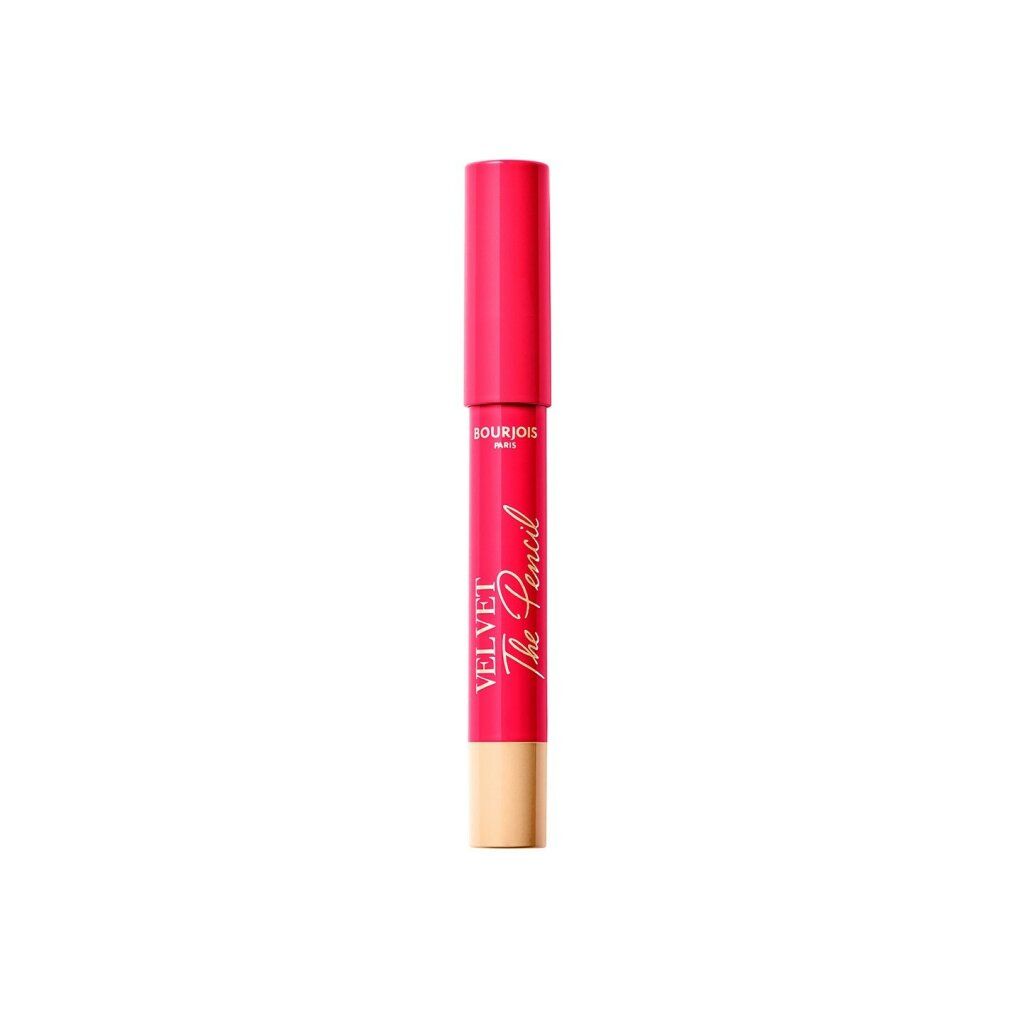 Lippenstiftstift, pinkfarben, mit goldfarbener Schrift. Aufschrift: Bourjois Paris, Velvet The Pencil. Unterteil beige.