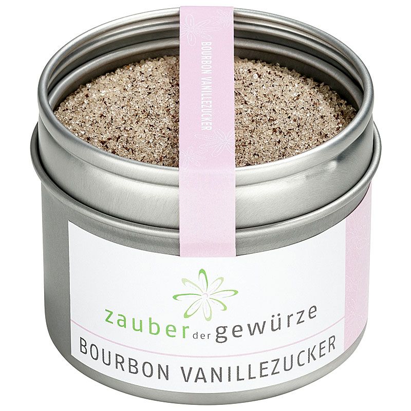 Runde Dose mit Bourbon Vanille Zucker. Rosa Etikett und Band mit Produktnamen. Metallbehälter mit Inhalt.
