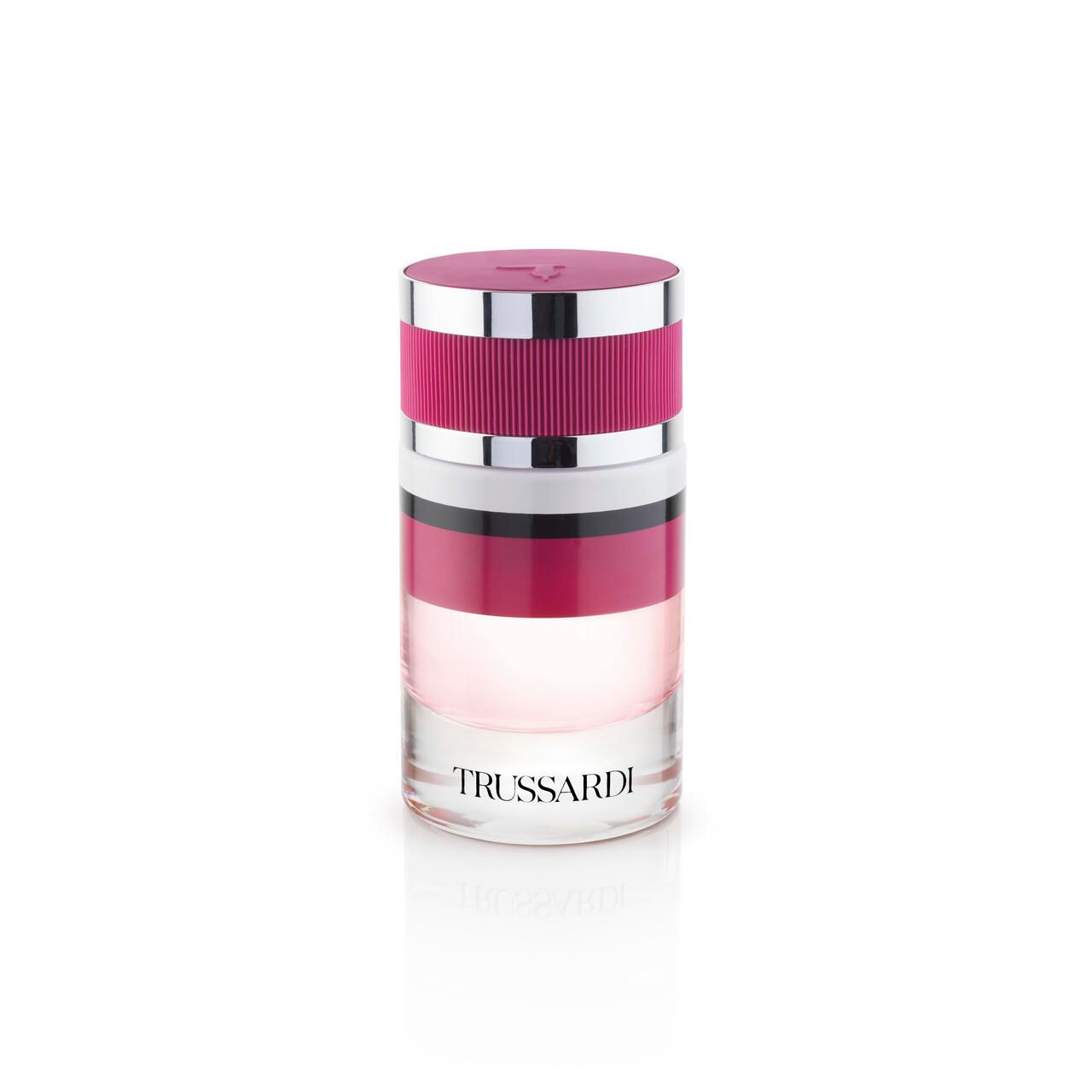 Ein Flakon mit rosa, weißen und silbernen Bändern. Aufschrift: TRUSSARDI.