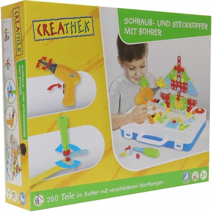 Verpackung des Creathek CR Heimwerker Baukastens. Enthält 250 Teile, Schraub- und Steckkoffer mit Bohrer. Kind mit Spielzeug.