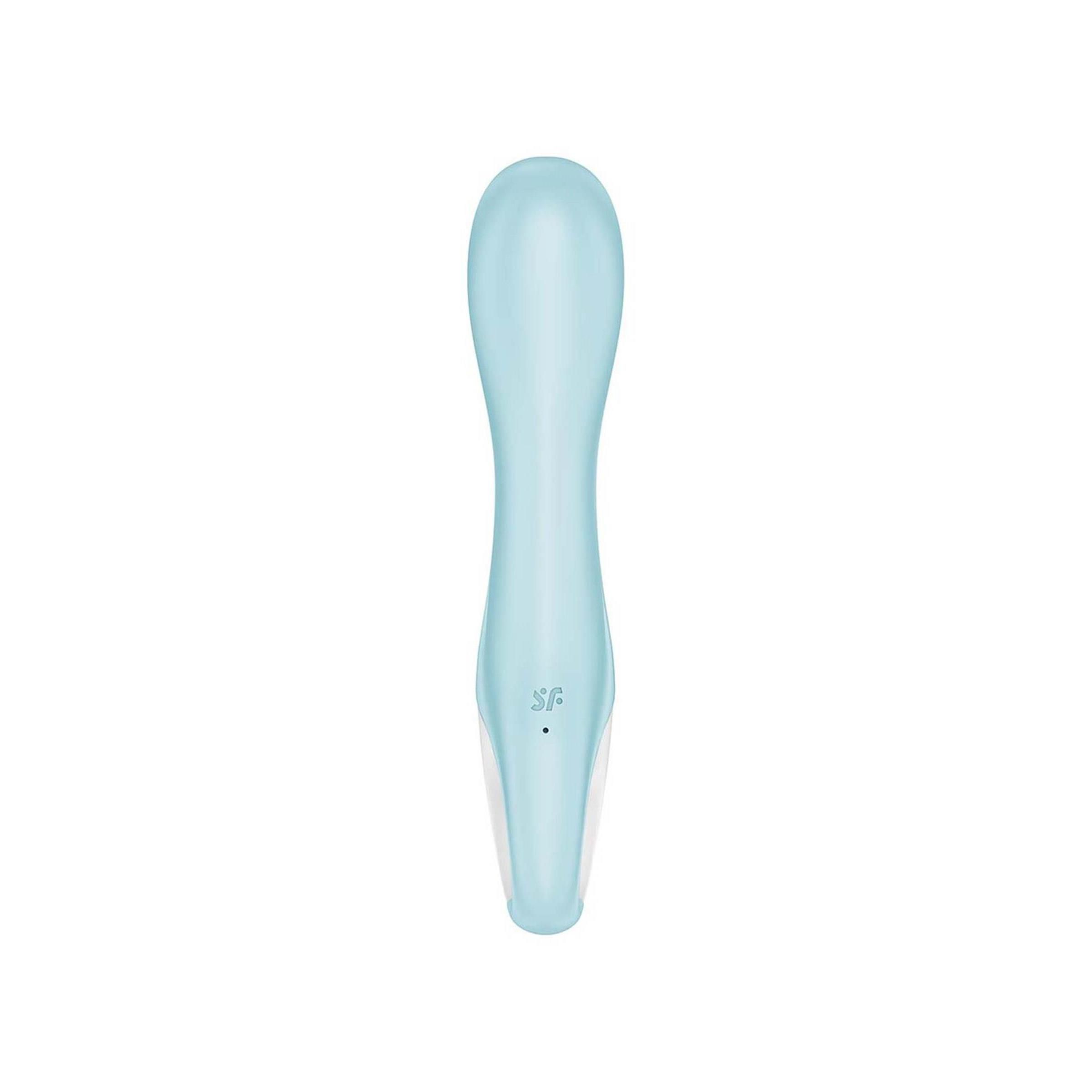 Blauer Vibrator mit weißem Bereich. Zwei Knöpfe. SF-Logo. Ringförmige Basis.