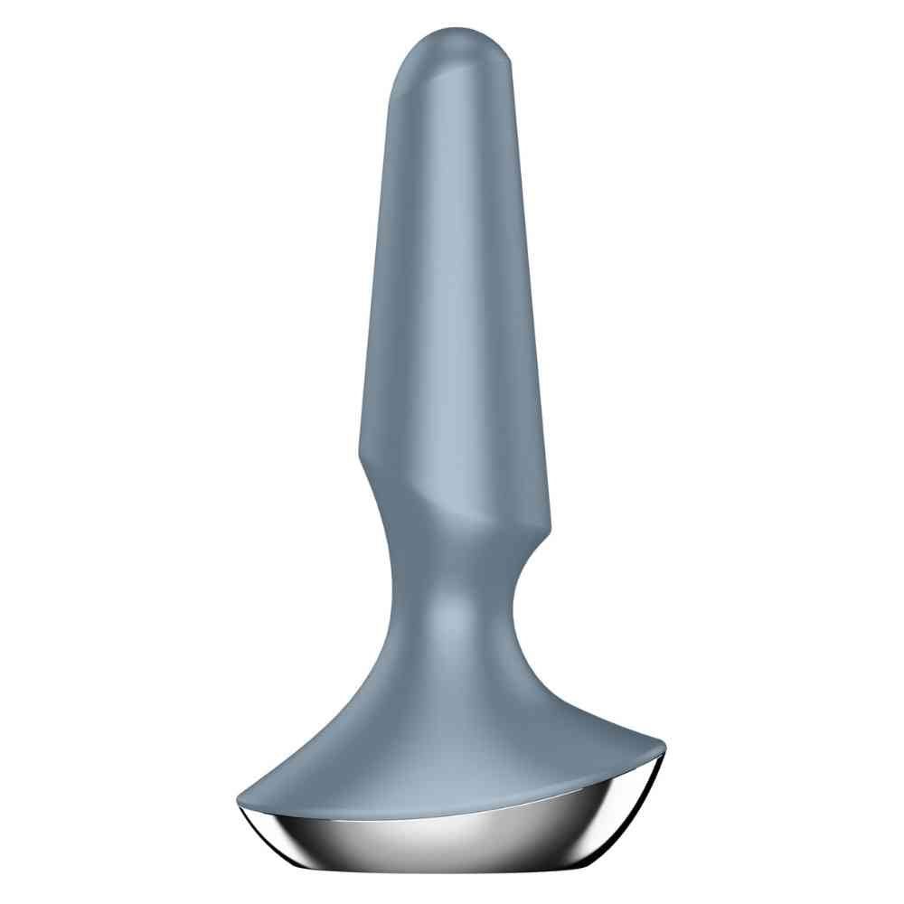 Blau-grauer Plug mit silberfarbener Basis. Konische Form, abgerundete Spitze. Glatte Oberfläche.