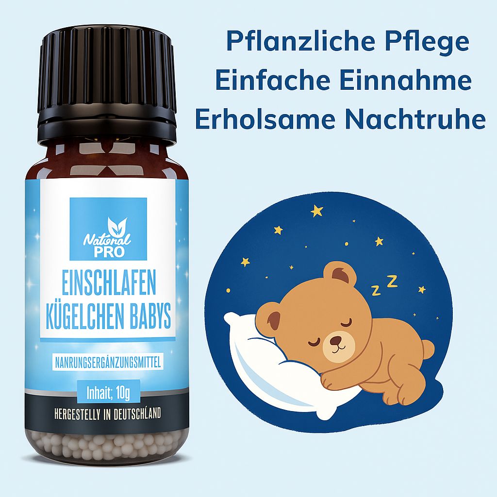 Braune Glasflasche mit schwarzem Deckel und blauem Etikett. Text: Natural Pro, Einschlafen Kügelchen Babys, 10g. Teddybär schläft.