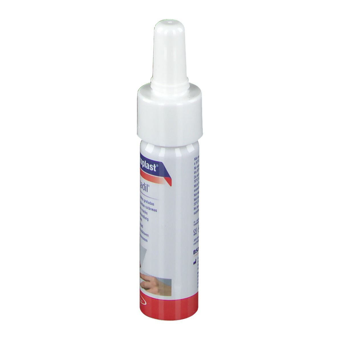 Leukoplast Rhagadil Spray. Weiße Flasche mit rotem und blauem Etikett. Text und Produktabbildung.
