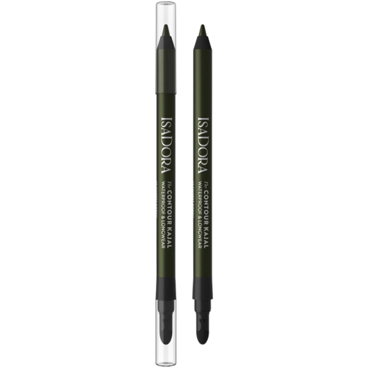IsaDora The Contour Kajal, dunkelgrüner Stift mit schwarzer Mine und transparentem Deckel. Aufschrift: Waterproof & Longwear.