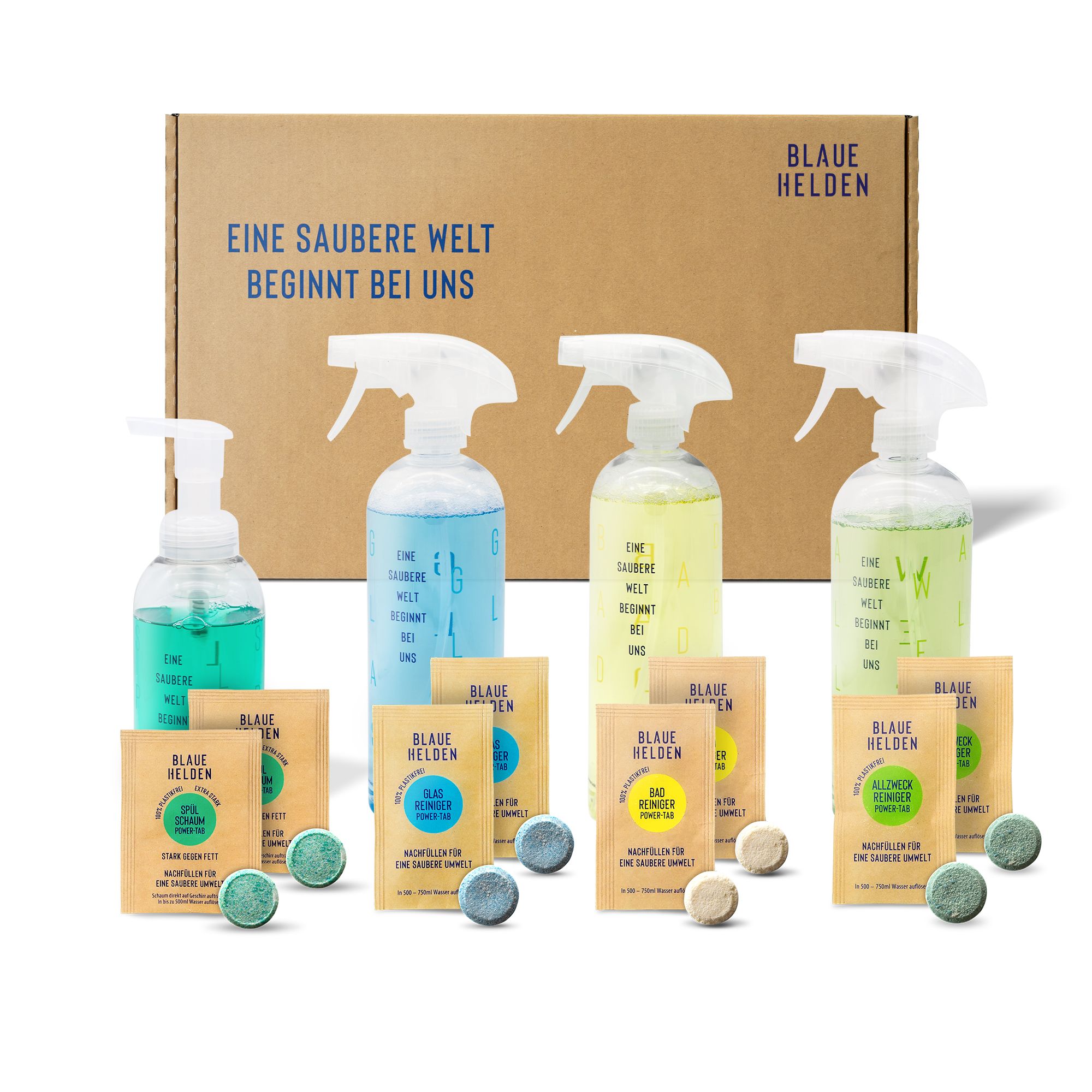 Reinigungs-Starterset mit Sprühflaschen, Nachfüll-Tabs und Karton. Blaue Helden Logo und Text: Eine saubere Welt beginnt bei uns.