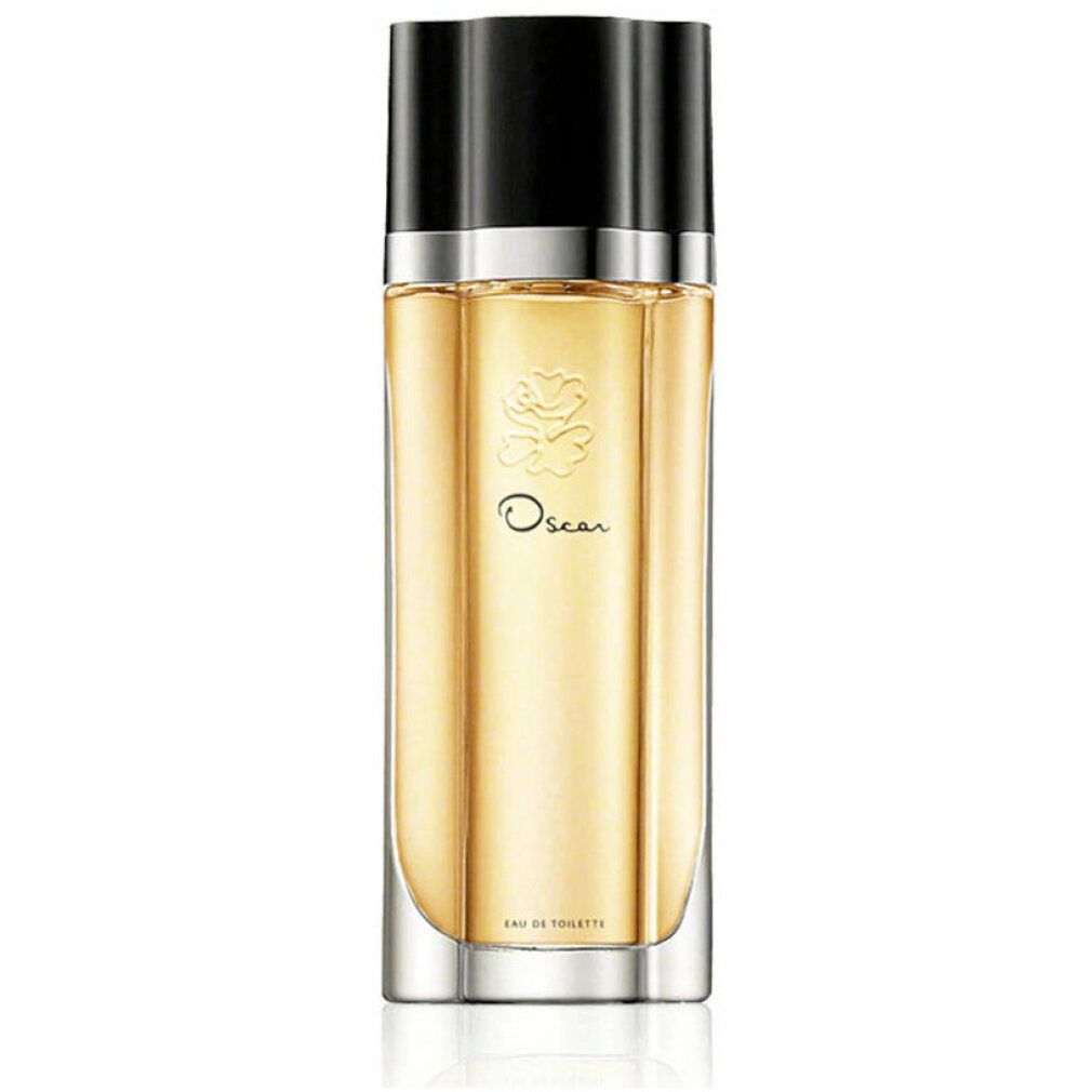 Rechteckiger Flakon mit schwarzem Deckel. Aufschrift "Oscar". Flüssigkeit gelblich. "Eau de Toilette" steht unten.