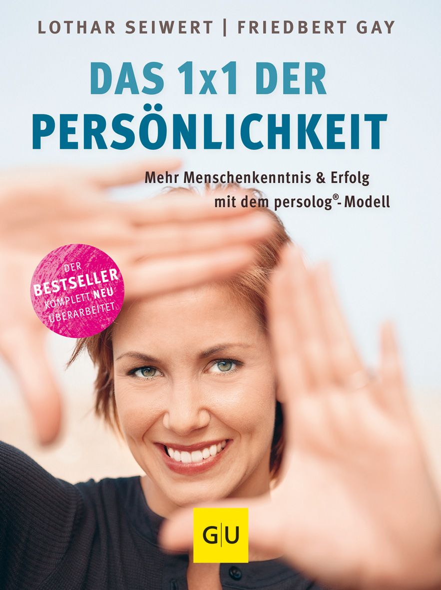 Buchcover: "Das 1x1 der Persönlichkeit". Titel in Blau, Frau im Vordergrund, Hände formen Rahmen. Pinker Aufkleber: Bestseller.