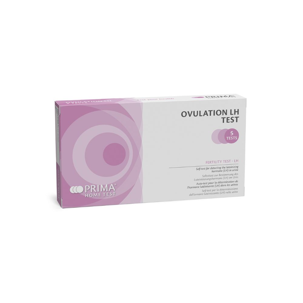 Verpackung PRIMA Ovulation LH Test. Rosa-weiße Schachtel mit Produktname und 5 Tests. Kreismuster.