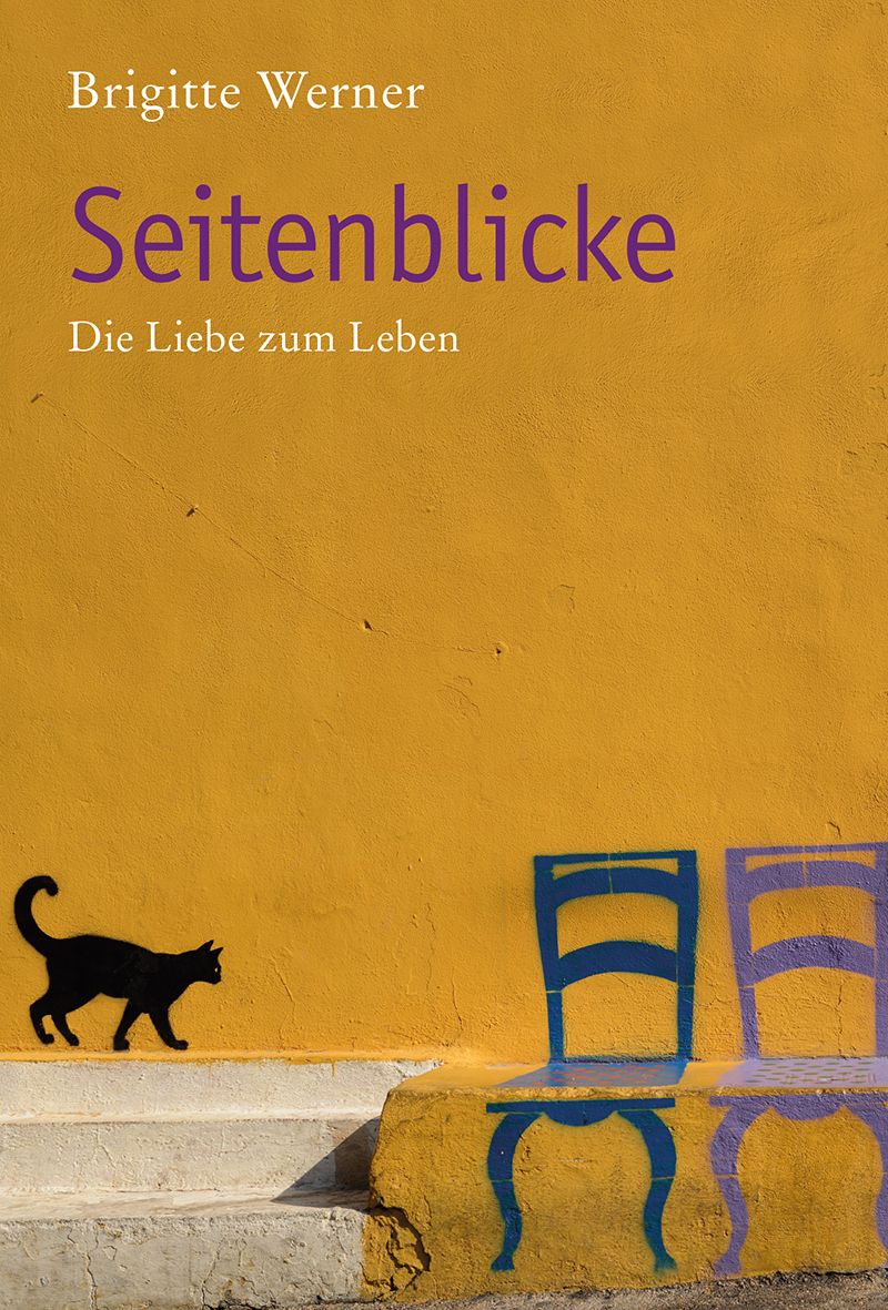 Buchcover mit Titel "Seitenblicke" von Brigitte Werner. Gelber Hintergrund, schwarze Katze, blaue Stühle.