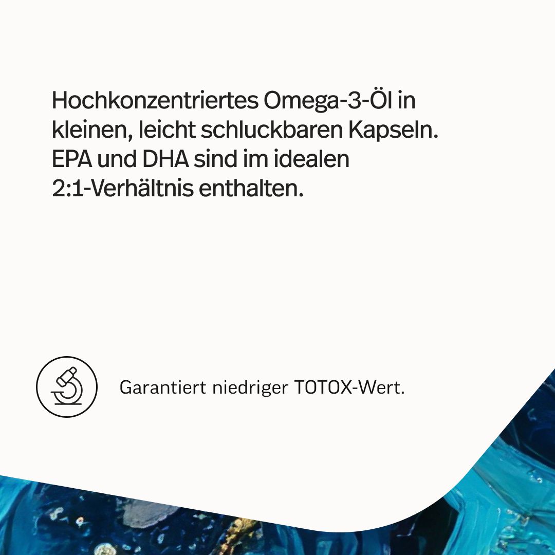 Hochkonzentriertes Omega-3-Öl in kleinen, leicht schluckbaren Kapseln. EPA und DHA im Verhältnis 2:1. Niedriger TOTOX-Wert.