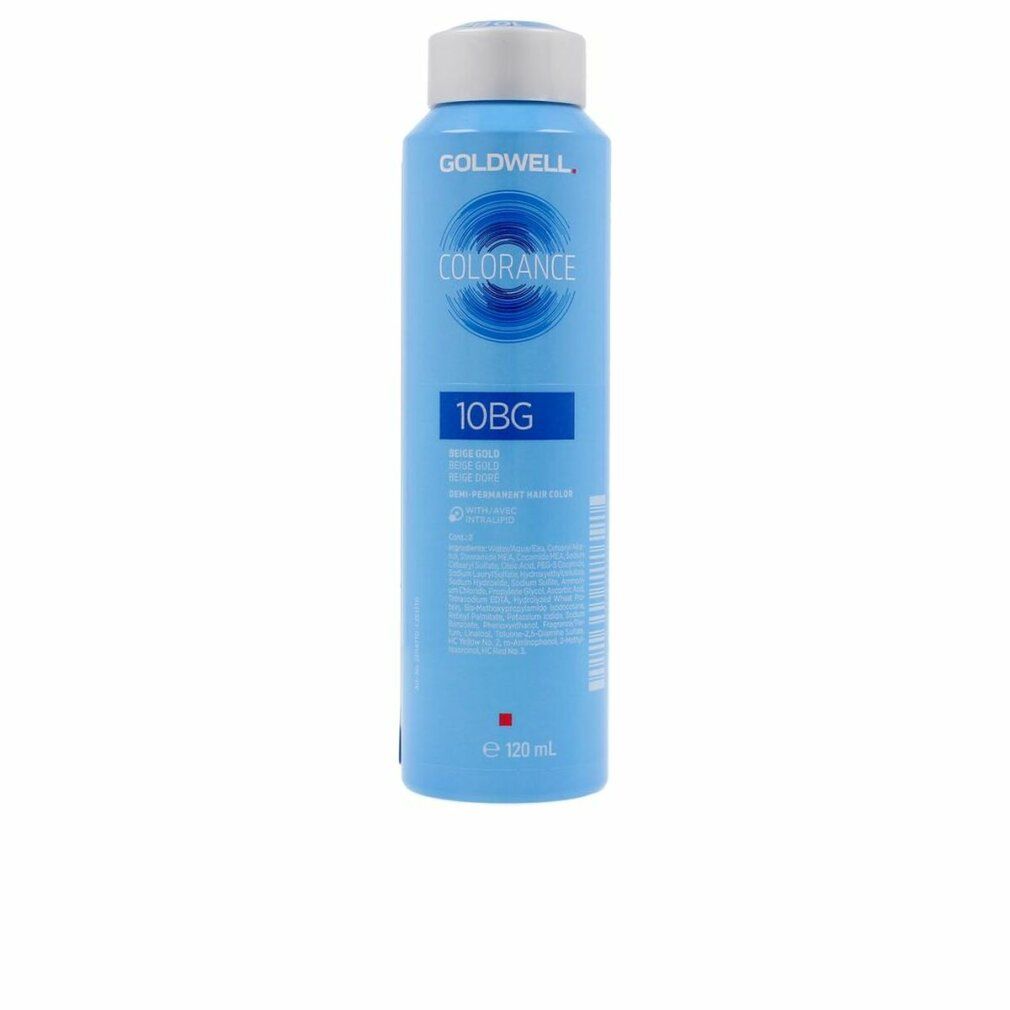 Hellblaue Flasche mit weißem Deckel. Aufschrift COLORANCE 10BG. Marke GOLDWELL.