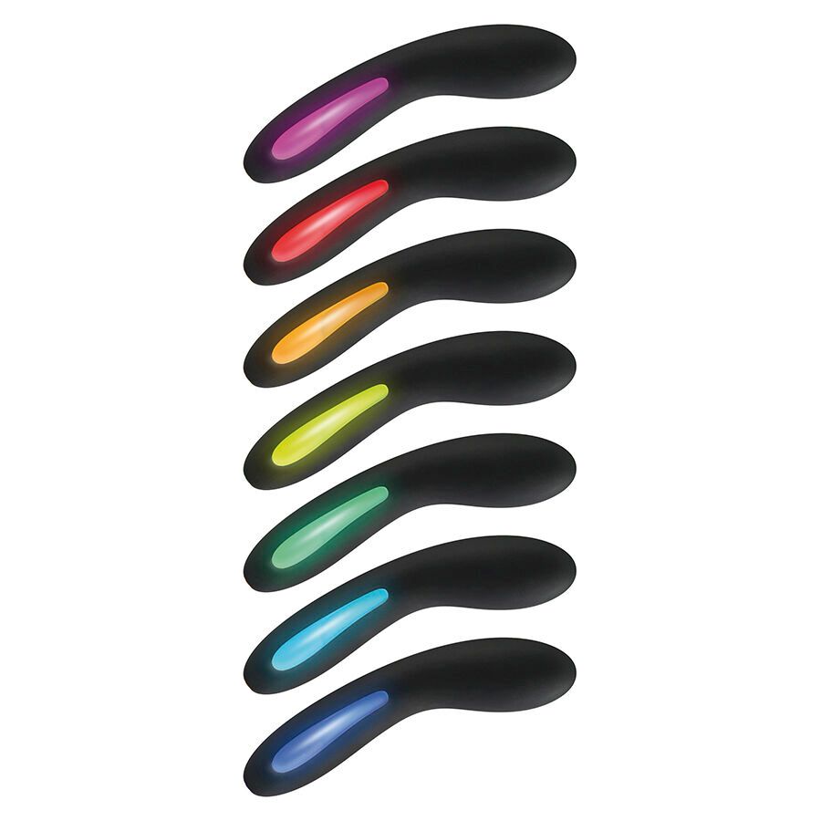 Sieben schwarze Vibratoren mit farbigen Leuchtspitzen: Lila, Rot, Orange, Gelb, Grün, Blau, Dunkelblau. Alle haben eine gebogene Form.