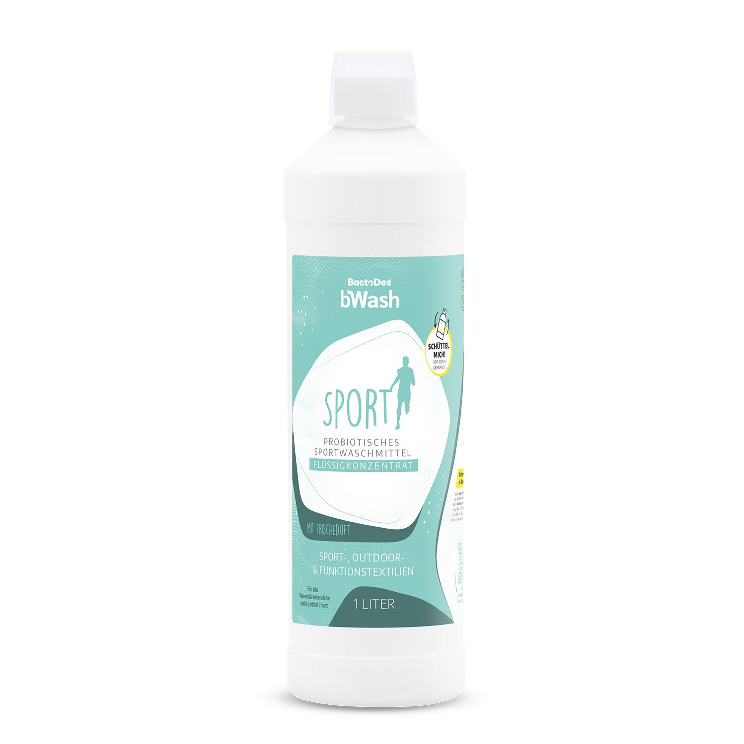 Weiße Flasche mit blau-grünem Etikett. Aufschrift: bWash Sport, probiotisches Sportwaschmittel. 1 Liter.