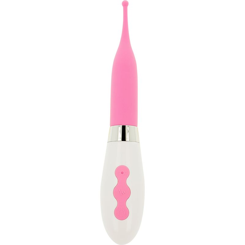 Weiß-rosa Stimulator. Zylindrischer Griff, rosa Spitze mit Kugel. Drei rosa Knöpfe. Silberfarbener Ring.