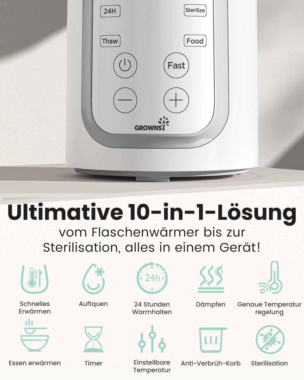 Ein weißes Gerät mit Bedienfeld und Tasten für verschiedene Funktionen wie Erwärmen, Auftauen und Sterilisieren.