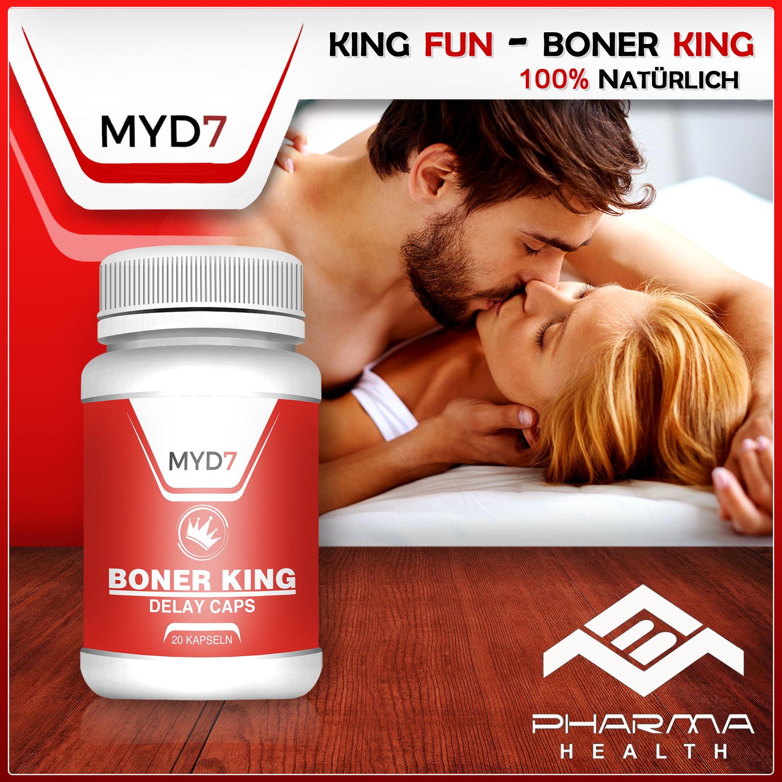 Weiße Kapsel-Dose mit rotem Etikett. Aufschrift: BONER KING DELAY CAPS, MYD7, 20 Kapseln. Paar küsst sich im Hintergrund.