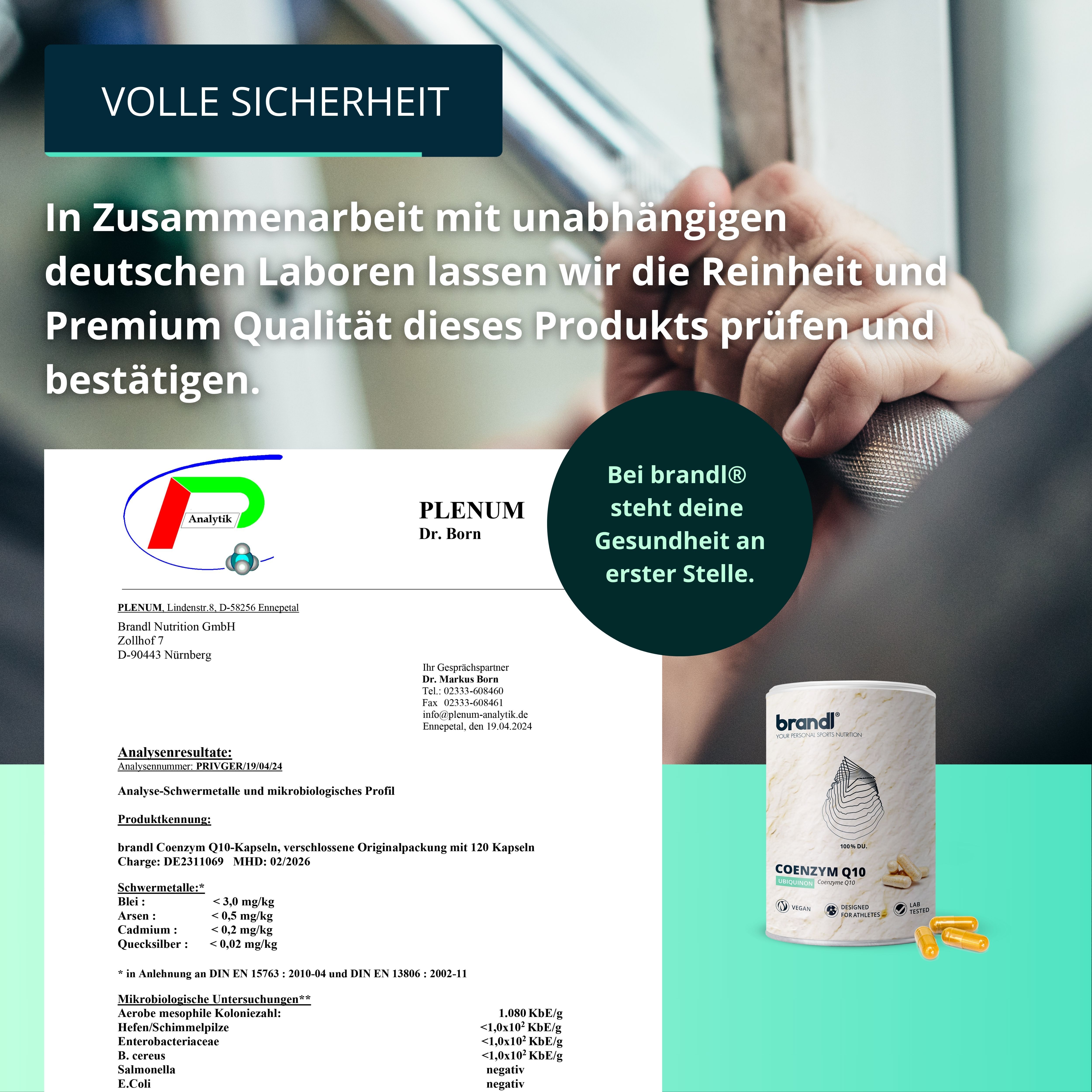 Zertifizierungsdokument und Dose mit "brandl"-Logo, "Coenzym Q10" und Kapseln. Text: Analyseergebnisse, Premium Qualität, Gesundheit.