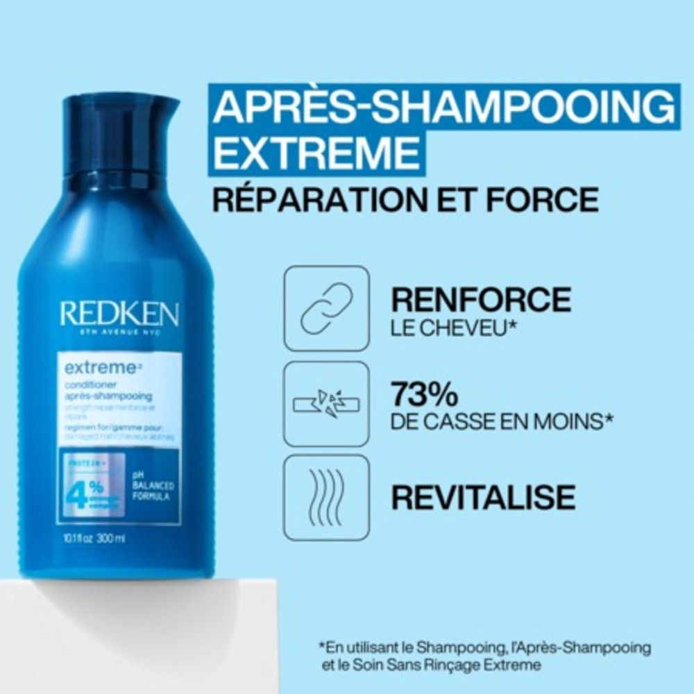 Blaues Redken Extreme Après-Shampooing. Text: Réparation et Force, Renforce le Cheveu, 73% de casse en moins, Revitalise.