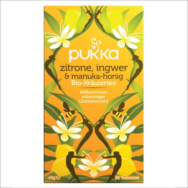 Verpackung Pukka Tee. Vorderseite mit Logo, Produktname und floralem Design. 20 Teebeutel, 40g.