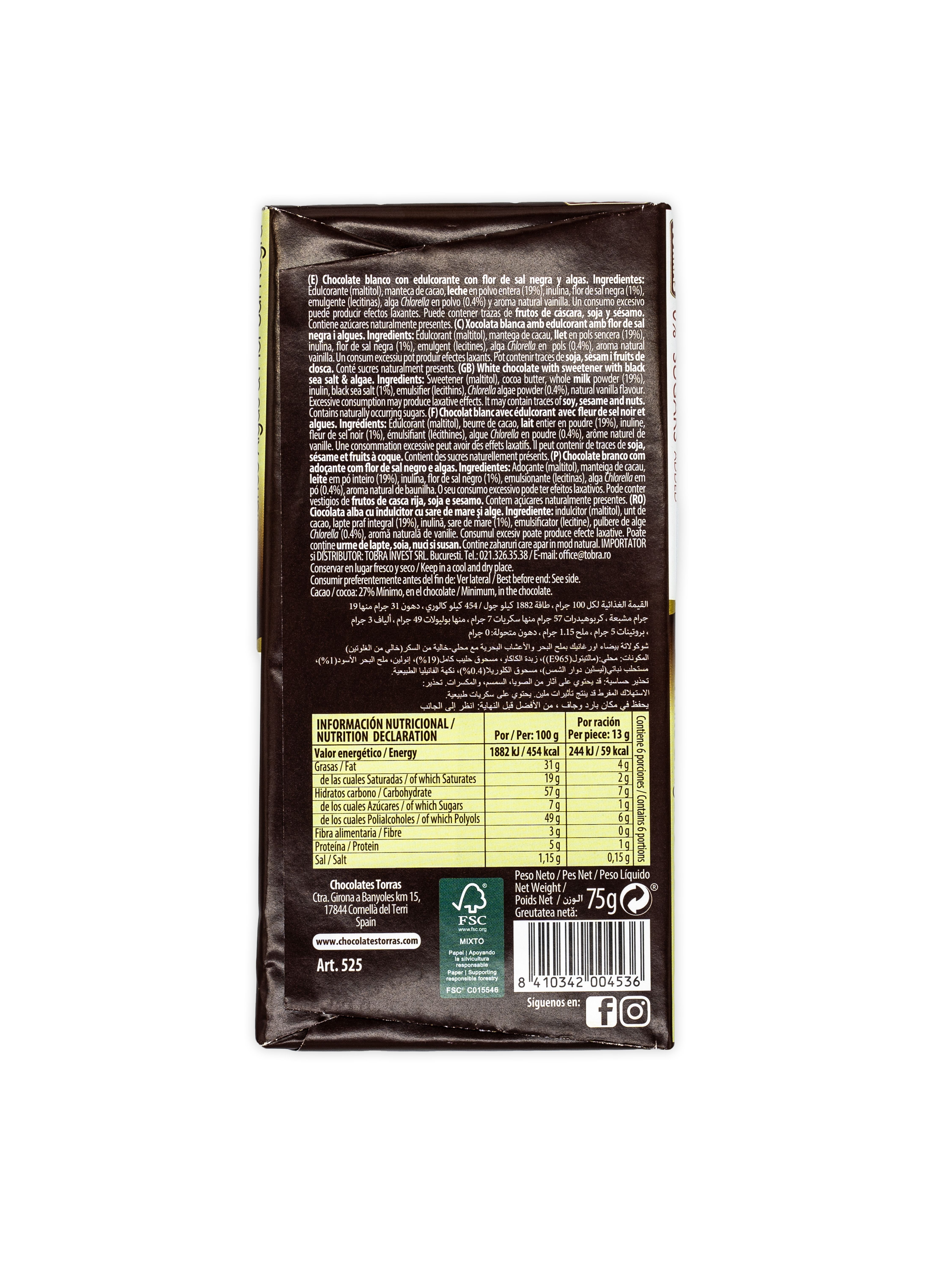 Torras White&Algae and Black Sea Salt Chocolate 0,075 kg Schokolade