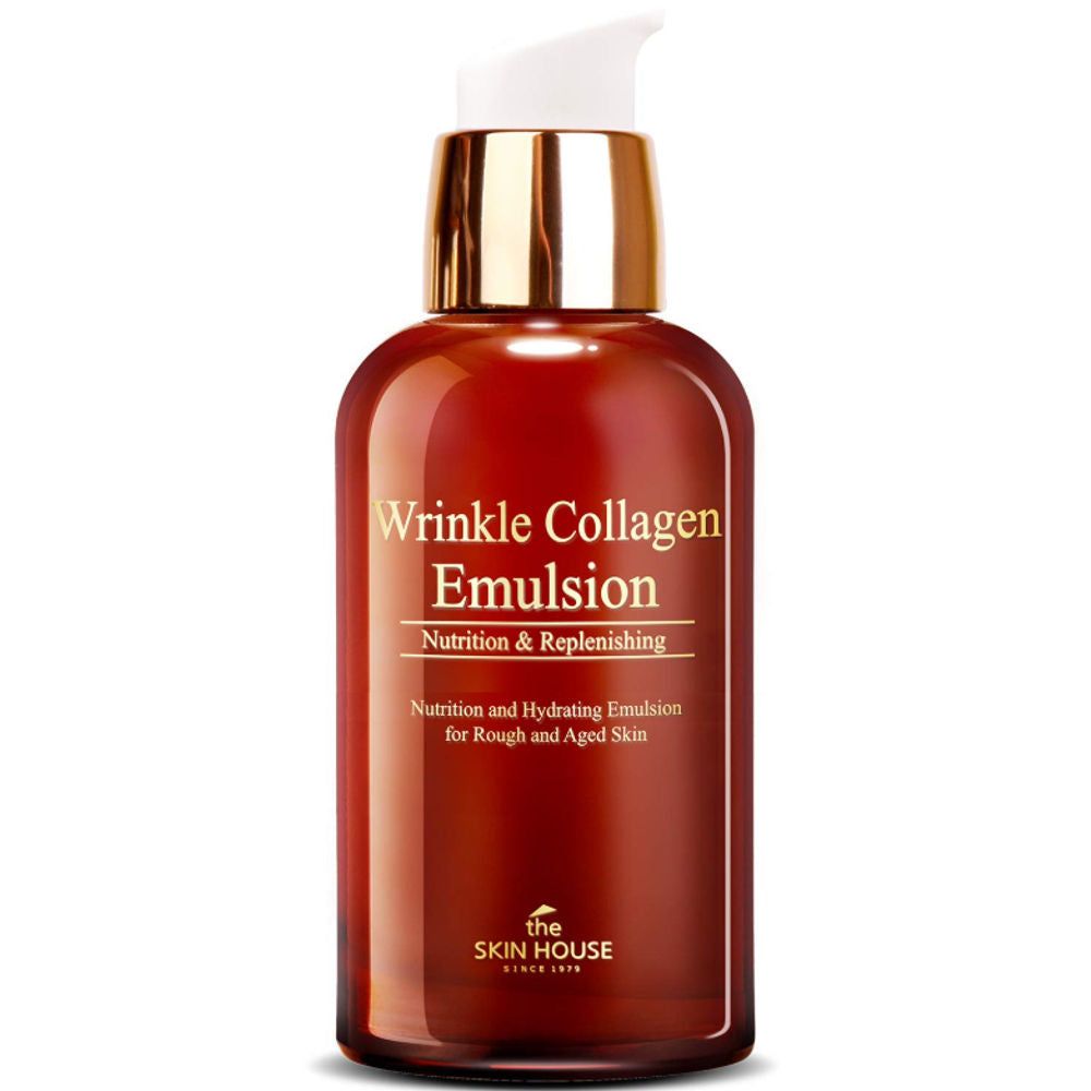 Braune Flasche mit goldfarbenem Deckel und Pumpe. Aufschrift: Wrinkle Collagen Emulsion, Nutrition & Replenishing. Marke: the SKIN HOUSE.