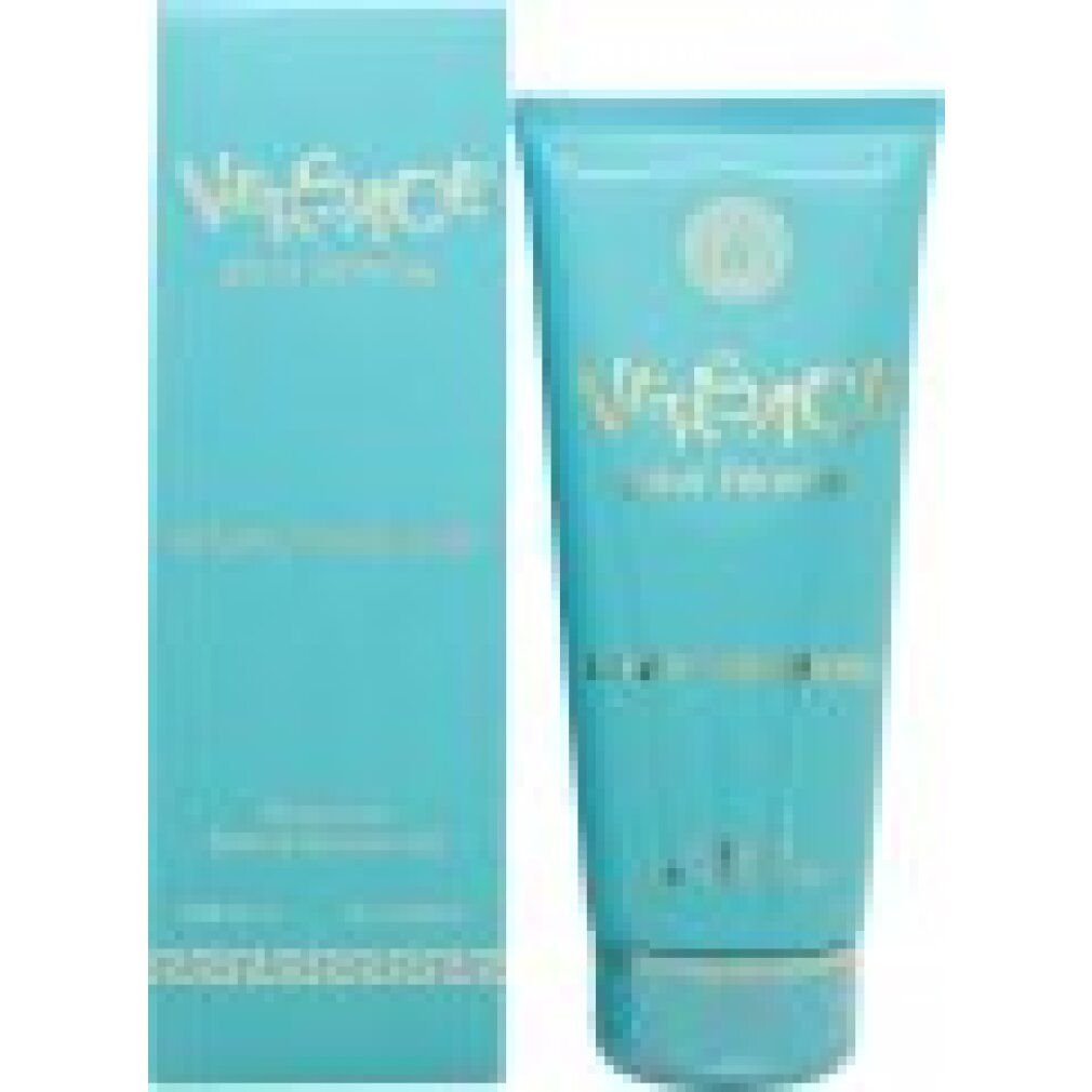 Türkisfarbene Tube und Schachtel. Aufschrift Versace pour femme Dylan Turquoise. "Perfumed Bath & Shower Gel".