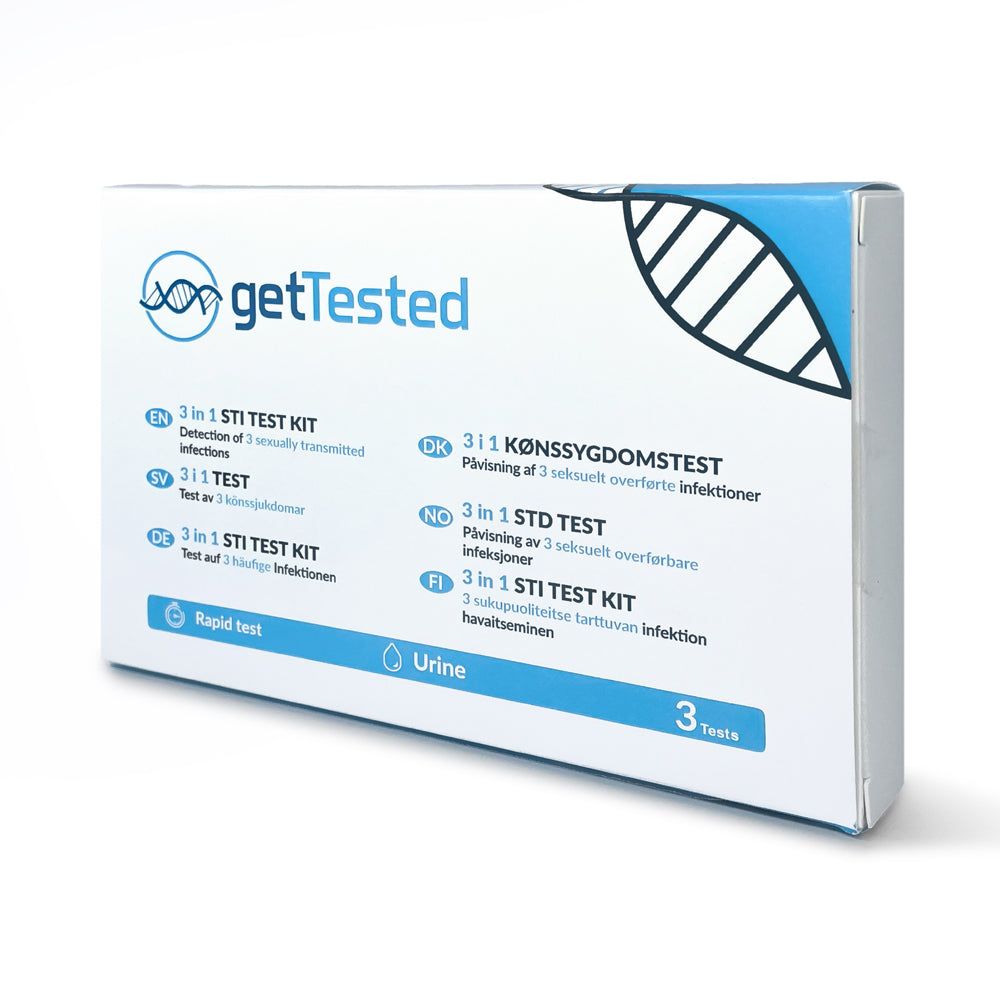 GetTested 3 in 1 STI Test. Weiße Box mit blauem Akzent. Text: 3 in 1 STI Test Kit, Rapid test, Urine, 3 Tests. Logo und DNA-Symbol.
