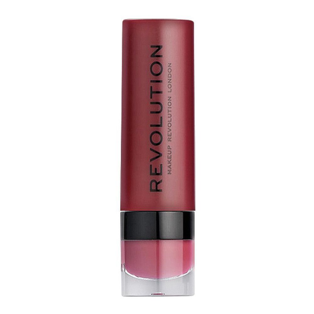 Lippenstift, rosa Farbe, schwarze Hülse, transparente Basis. Deckel aufgesetzt. Aufschrift: REVOLUTION MAKEUP REVOLUTION LONDON.
