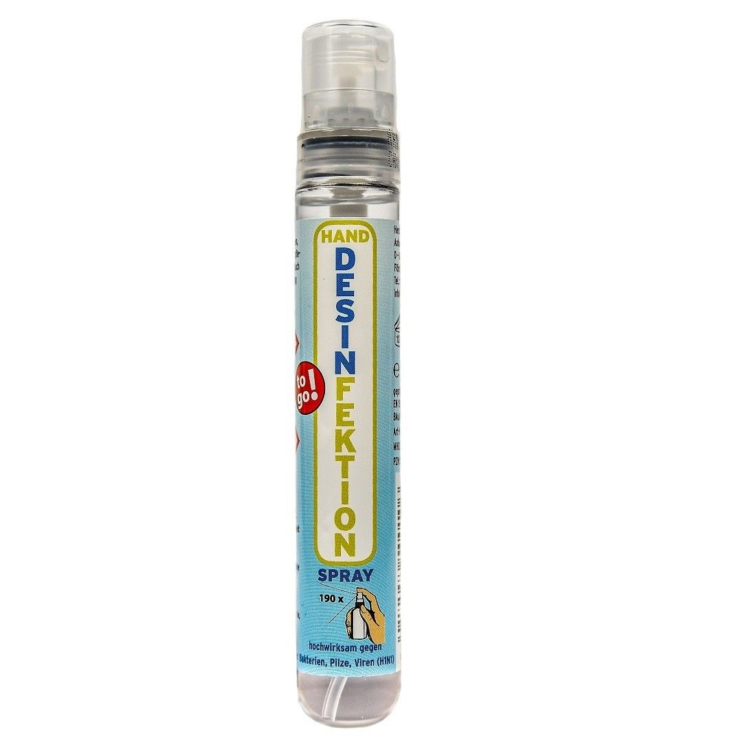 Handdesinfektionsspray. Zylindrische Flasche mit Sprühkopf. Beschriftung: DESINFEKTION SPRAY. Farbliche Akzente: Rot, Grün, Blau.