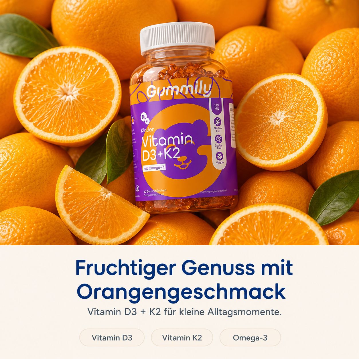 Gummily Kinder Vitamin D3+K2 Flasche umgeben von Orangen.