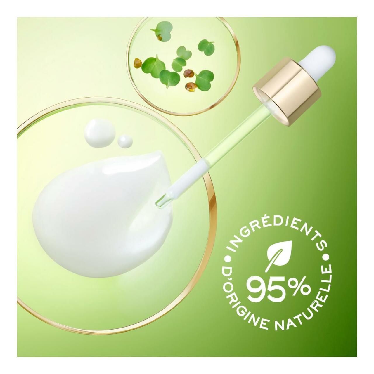 Serumtropfen mit Pipette. Aufschrift: 95% natürliche Inhaltsstoffe.