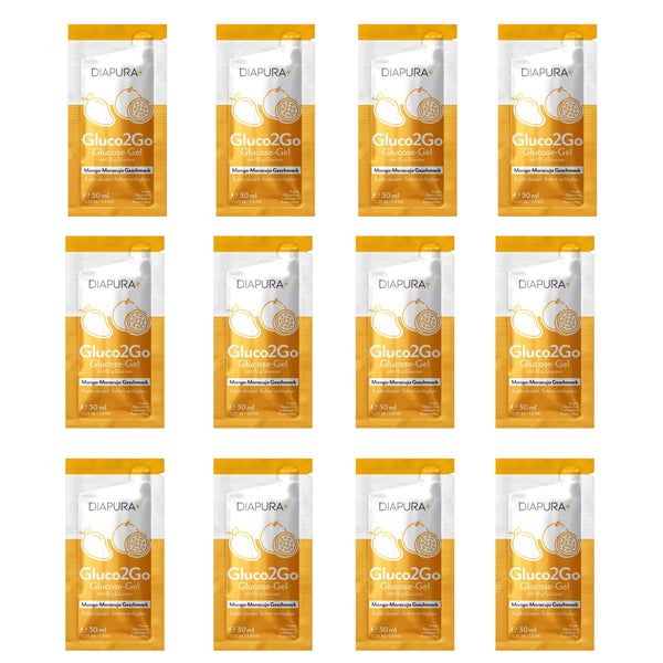 DIAPURA Gluco2Go Glucose-Gel bei Unterzuckerung (12 x 30 ml), Mango-Maracuja-Geschmack