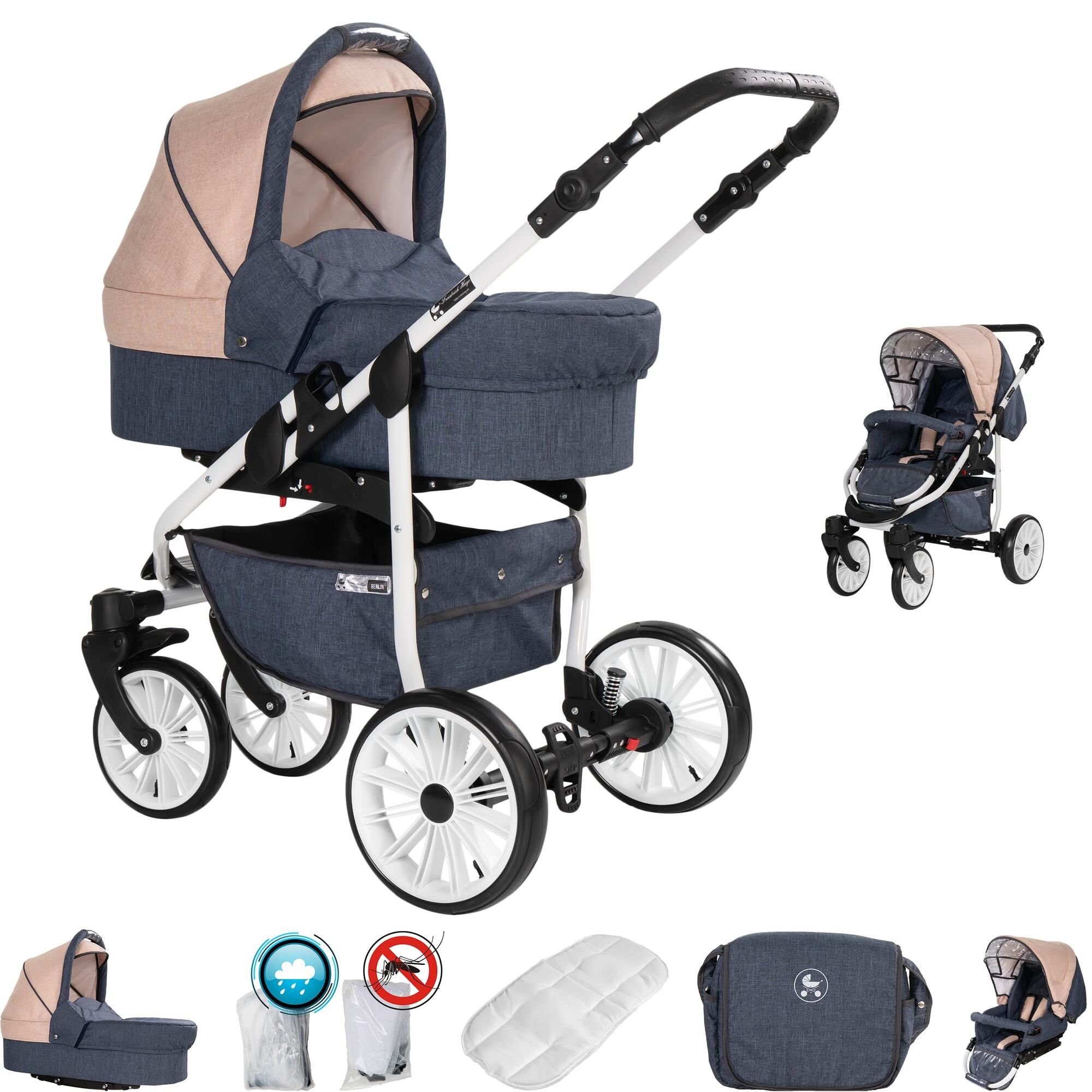 Friedrich Hugo Berlin 2 in 1 Kinderwagen GEL Reifen, Dark Blue and Beige Day