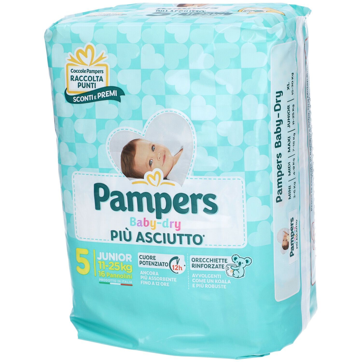 Confezione di pannolini Pampers Baby Dry. Design turchese e bianco. Stampe: bambino, cuori, caratteristiche del prodotto. Taglia 5 Junior, 11-25kg.