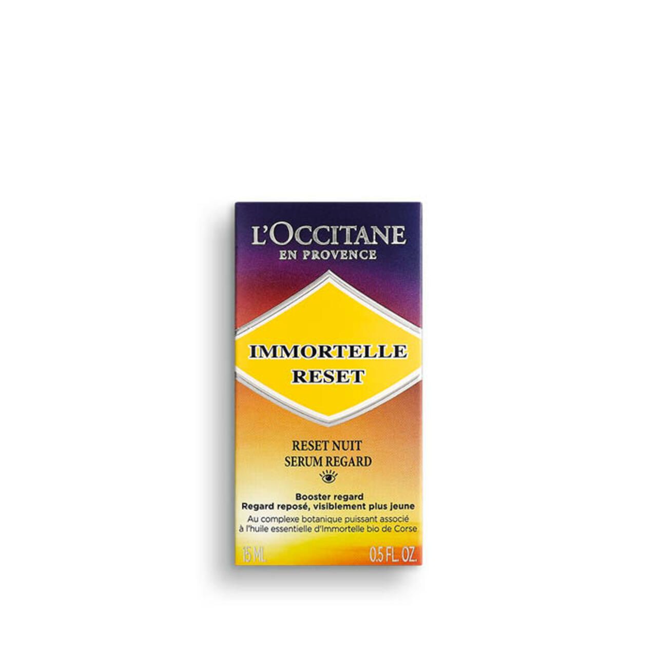 Produktverpackung. Produktname und Beschreibung. Aufschrift: Immortelle Reset, Reset Nuit Serum Regard. 5 ml, 0.5 FL OZ.