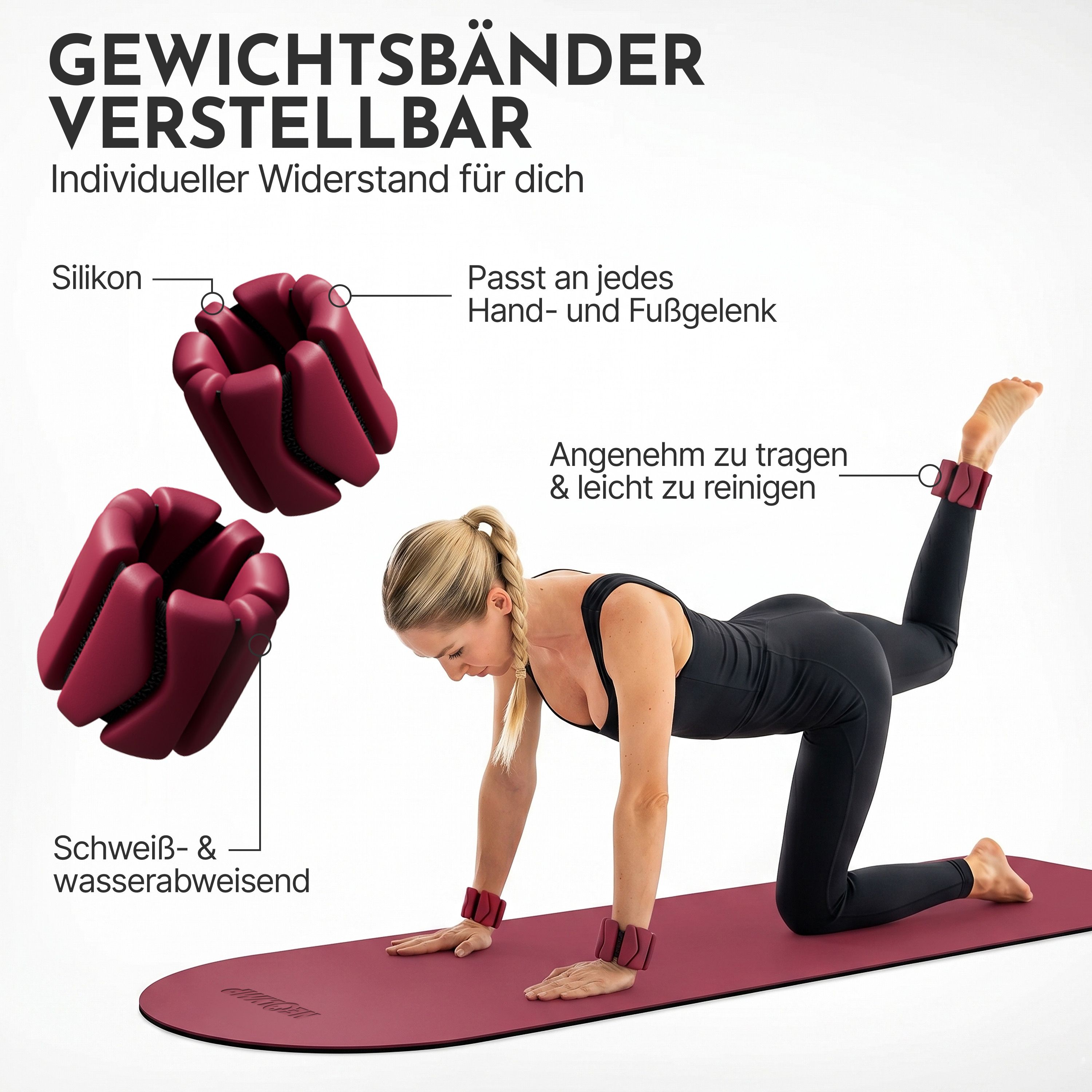 Verstellbare Gewichts-Manschetten aus Silikon für Hand- und Fußgelenke.