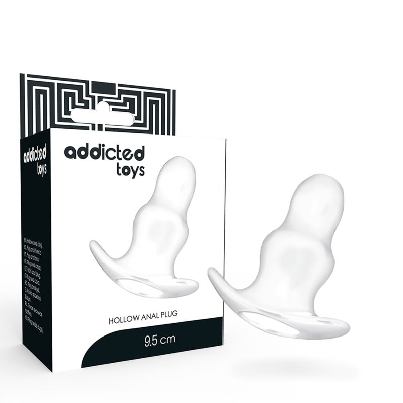 Verpackung mit zwei Wellness-Produkten. Aufschrift 'addicted toys' und 'HOLLOW ANAL PLUG'. Größe: 9,5 cm.