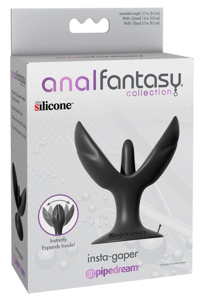 Verpackung mit Wellness-Produkt. Schwarzes Produkt mit zwei Flügeln. Text: Anal Fantasy Collection, Insta-Gaper.