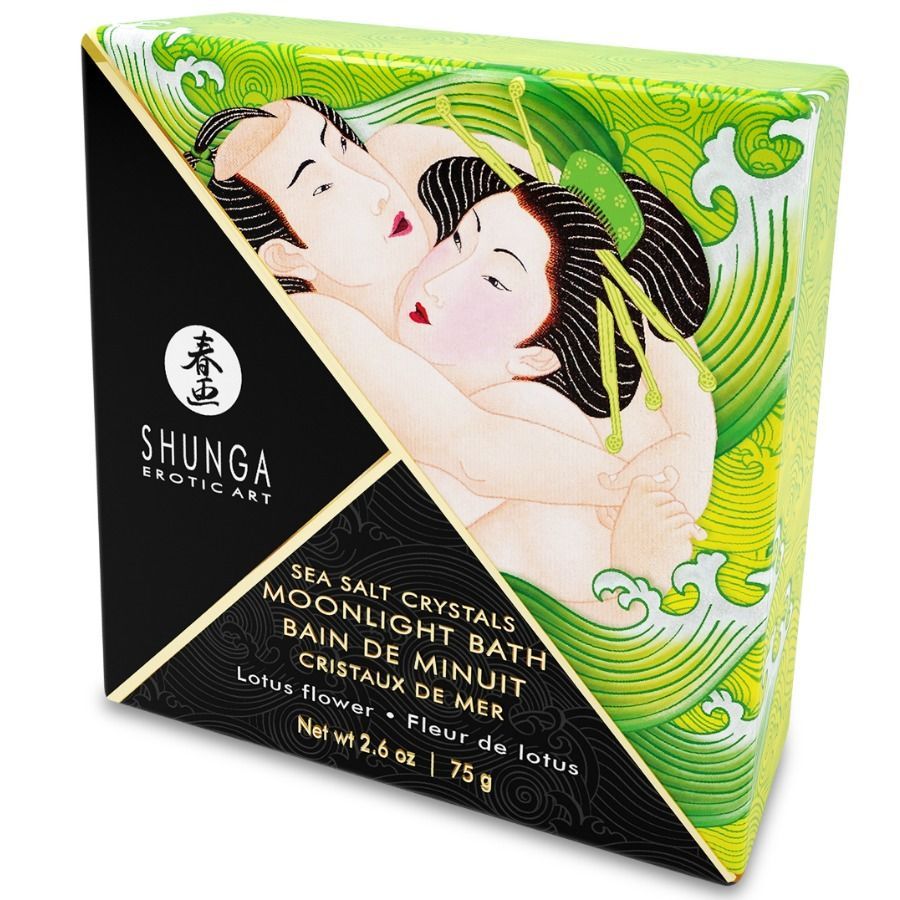 Verpackung mit Illustration und Schriftzug "Shunga". Text: "Sea Salt Crystals Moonlight Bath".