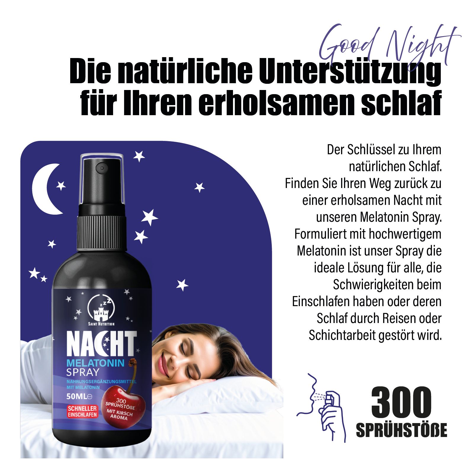 Frau schläft. Nacht Melatonin Spray. Schwarze Flasche, Kirsch-Aroma. 300 Sprühstöße. Saint Nutrition®.